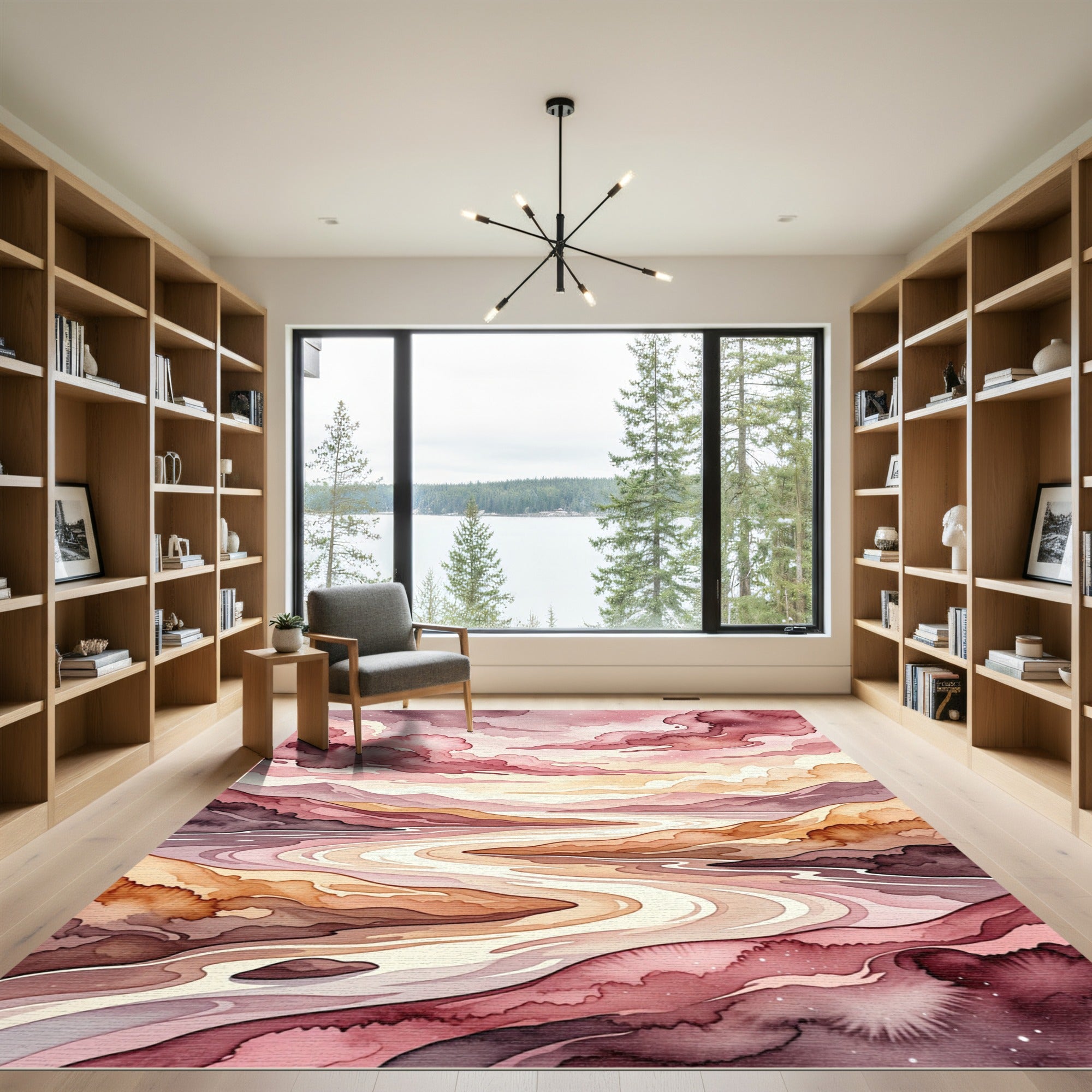 Rose Pink Cloudy Mountain River Landscape Rug