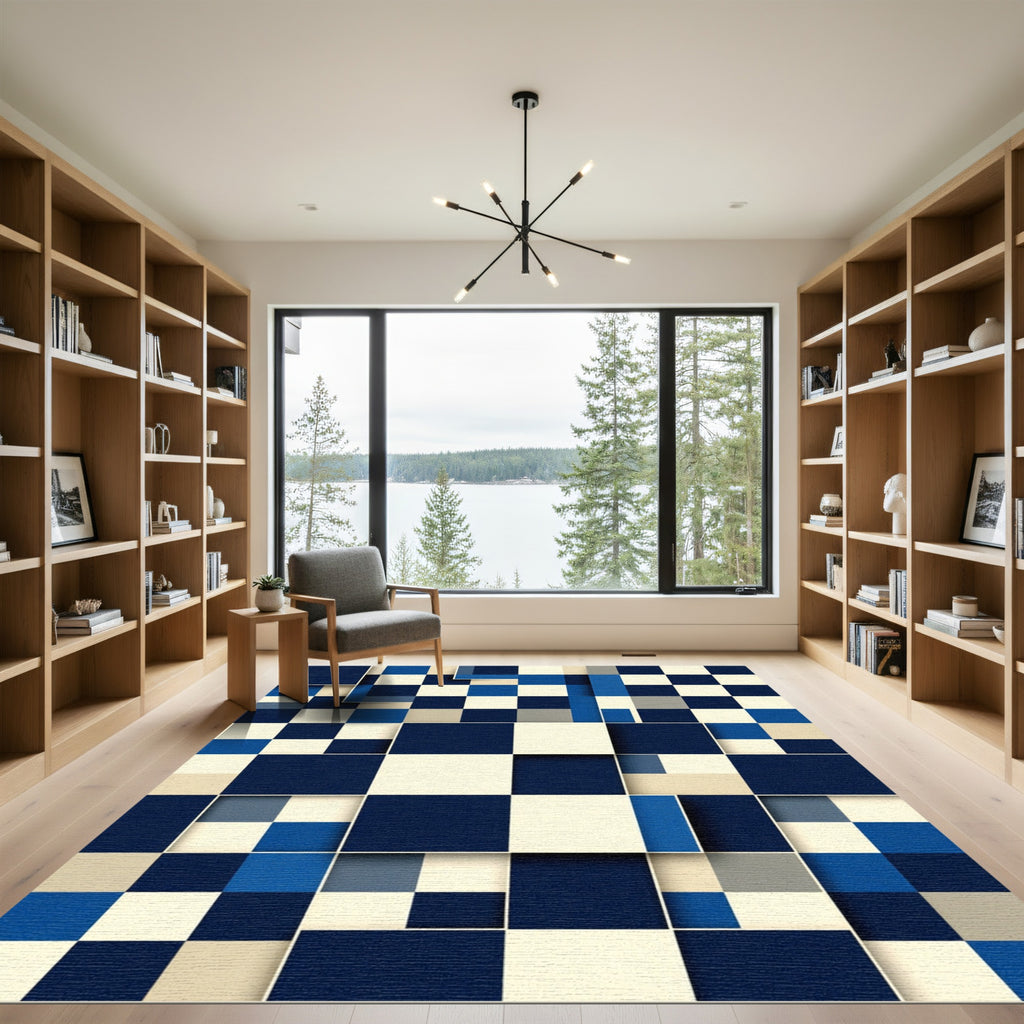 Deep Blue Layered Squares Rug