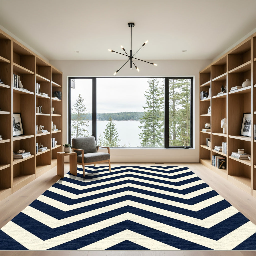 Navy Blue Cream Chevron Zigzag Rug