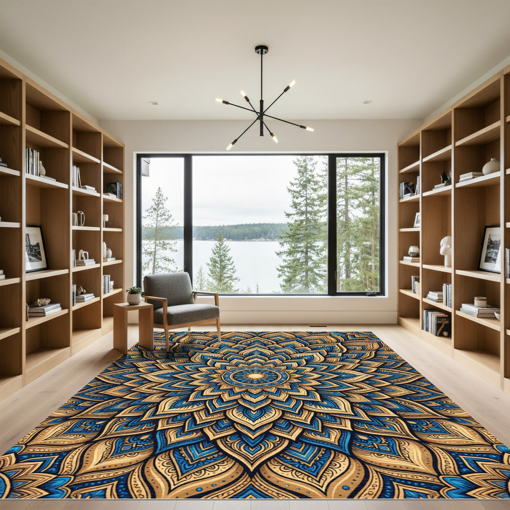 Golden Blue Floral Mandala Medallion Rug