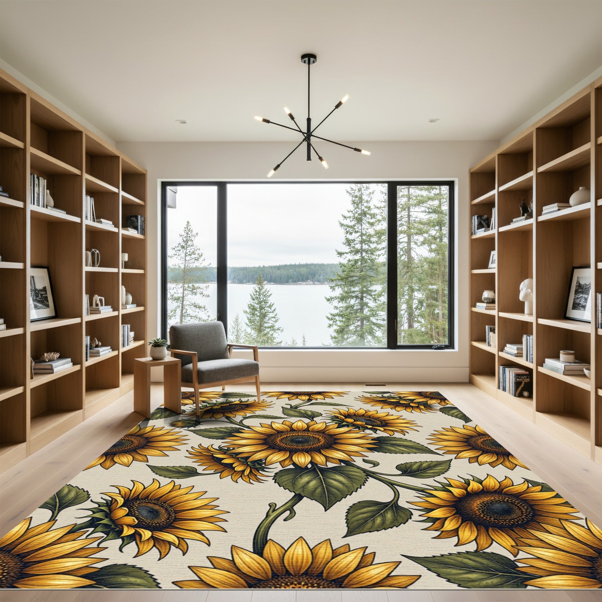 Cheerful Golden Sunflower Botanical Illustration Rug