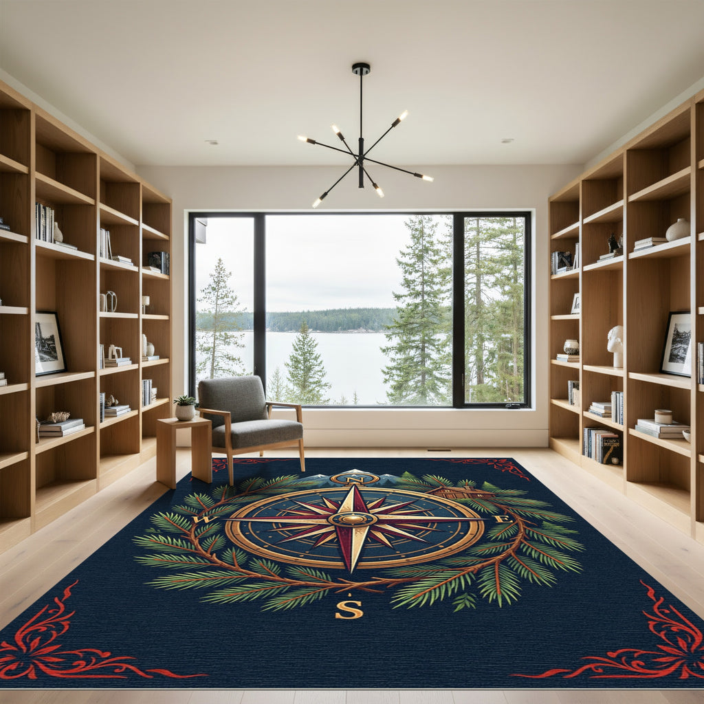 Vintage Alpine Compass Forest Wreath Rug