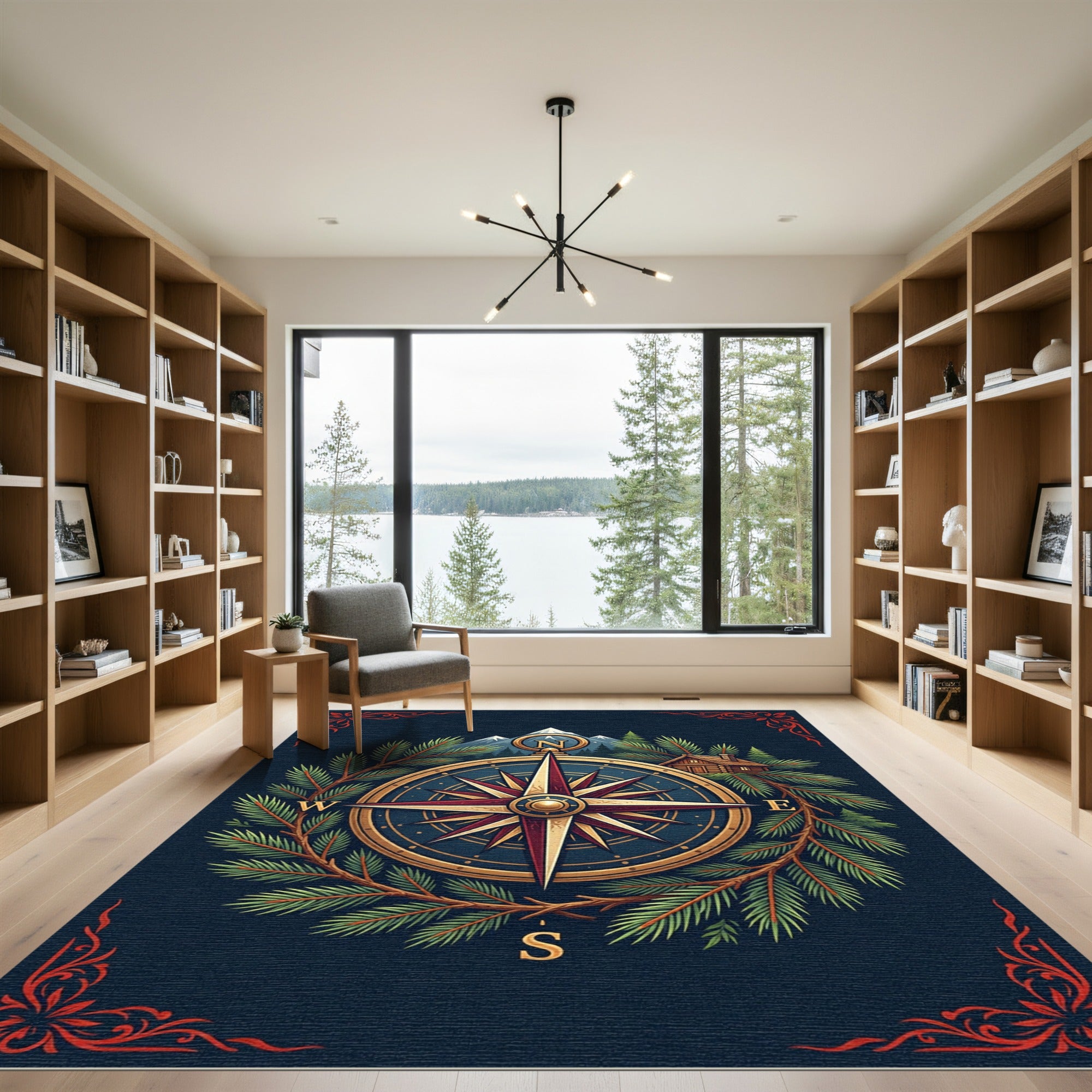 Vintage Alpine Compass Forest Wreath Rug
