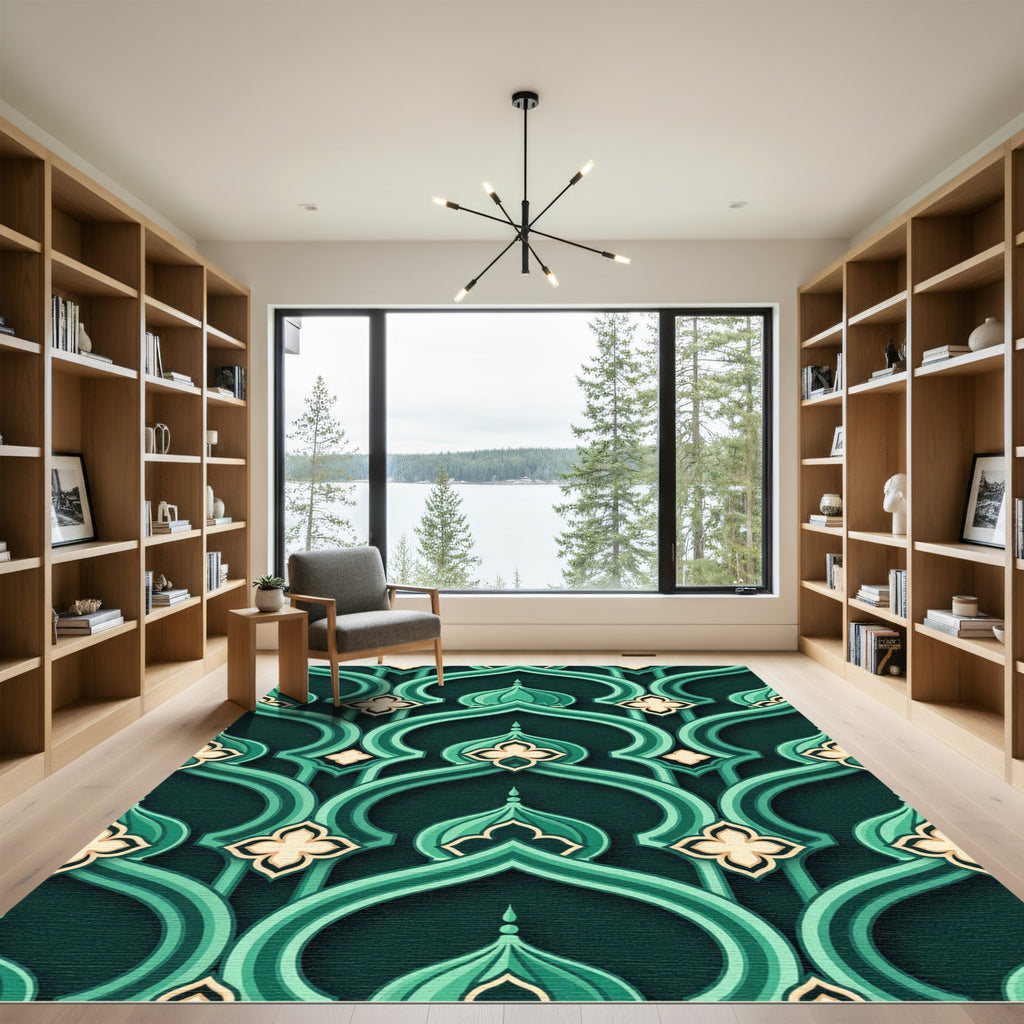 Emerald Arabesque Arch Teal Geometric Tapestry Rug