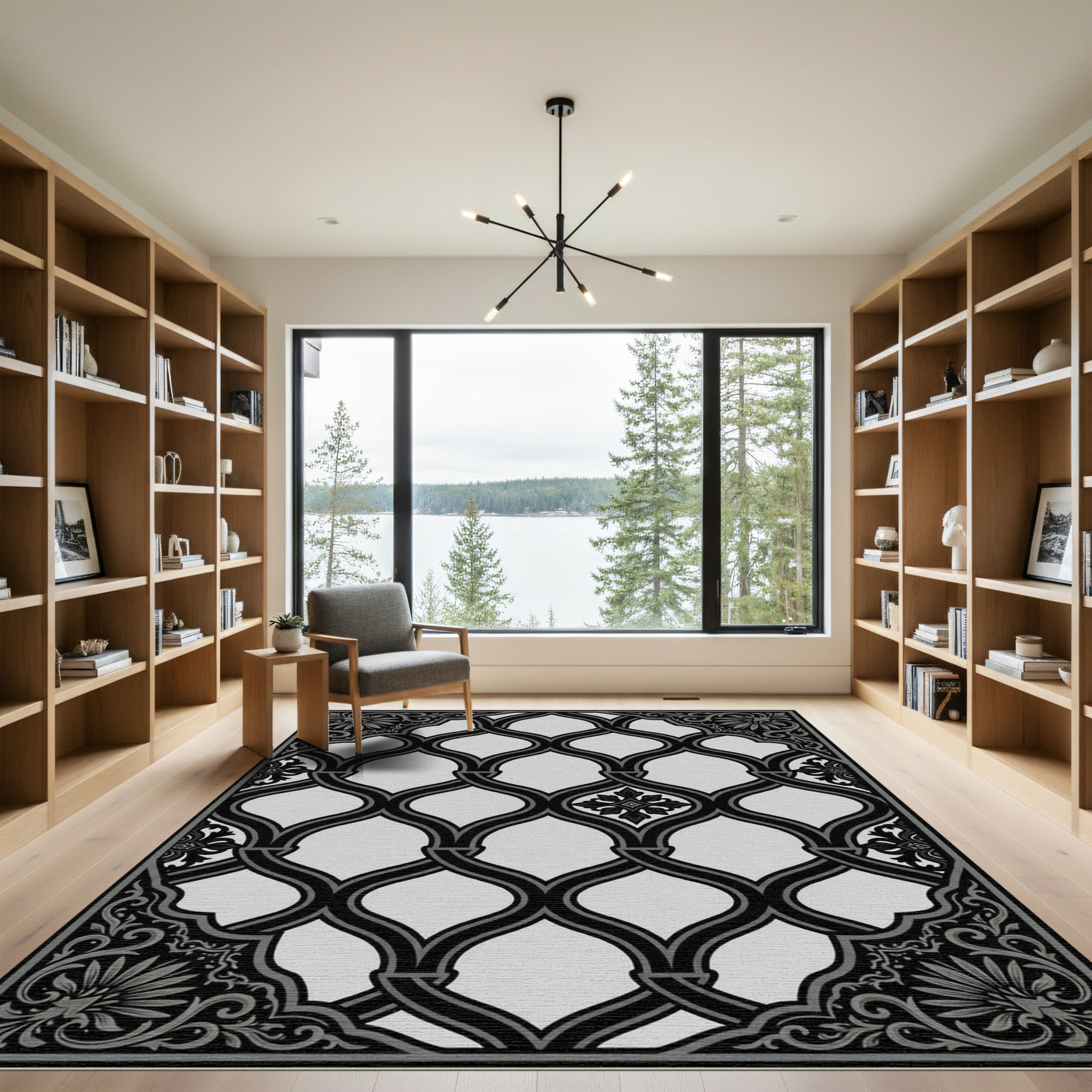 Monochromatic Black Lattice Ornament Rug