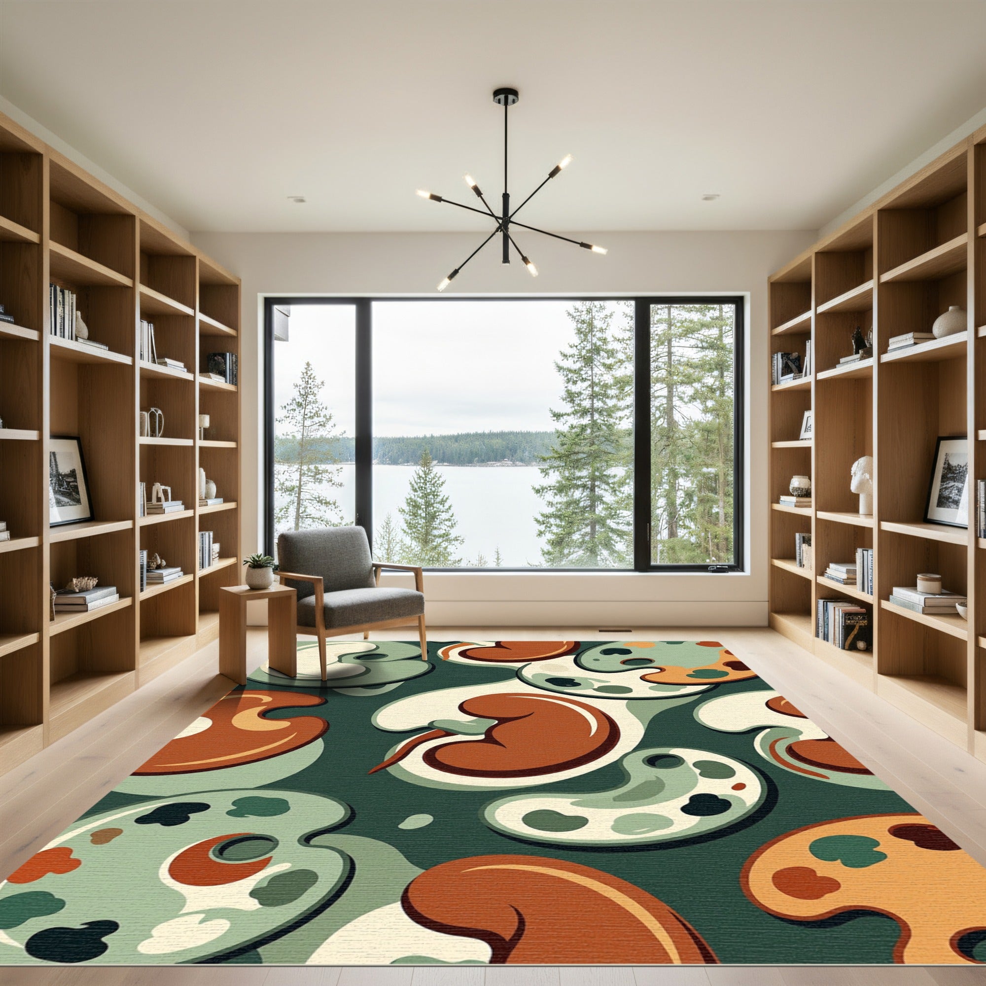 Retro Olive Orange Abstract Kidney Shape Art Rug