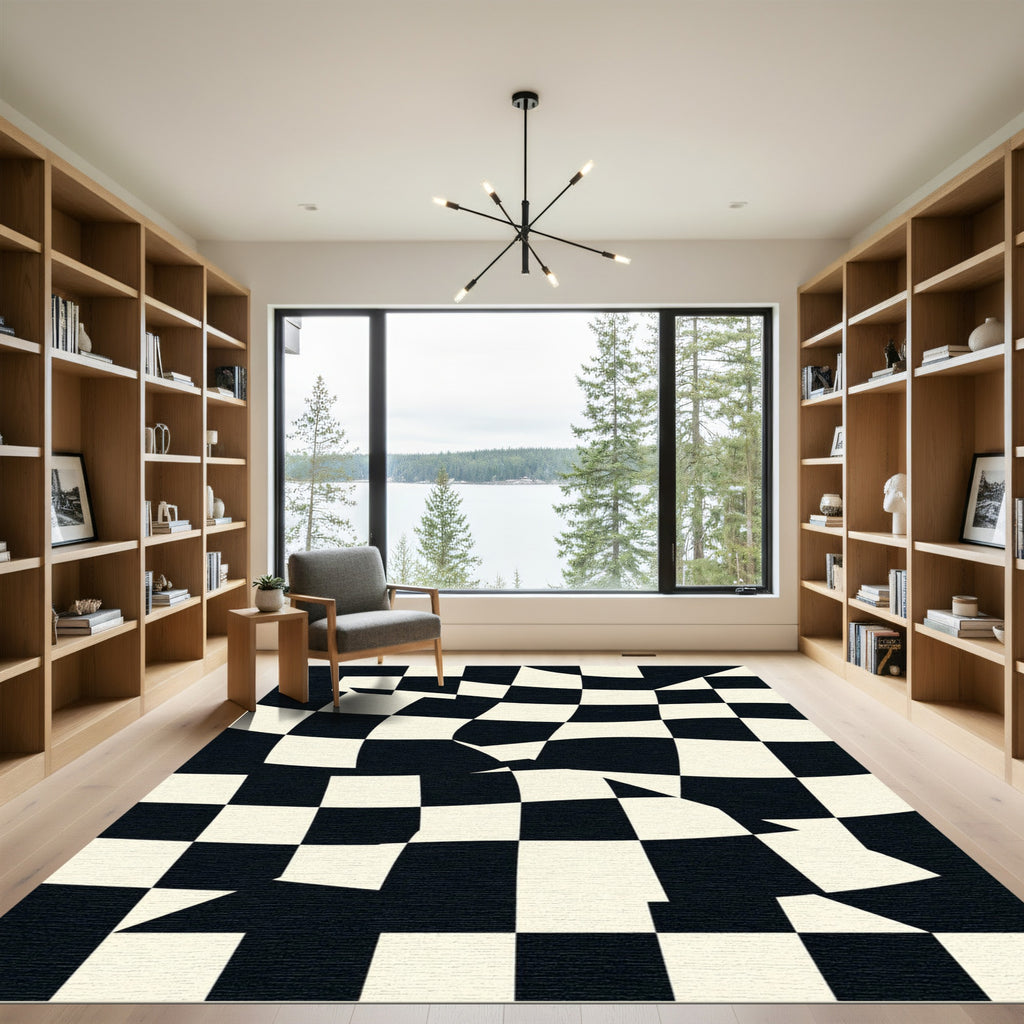 Modern Distorted Black White Checkerboard Rug
