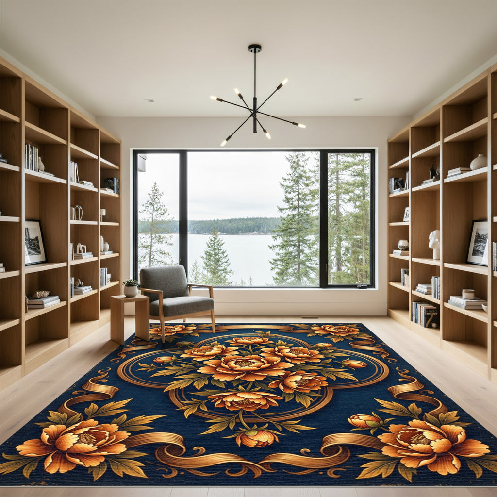Golden Floral Medallion Ribbon Rug