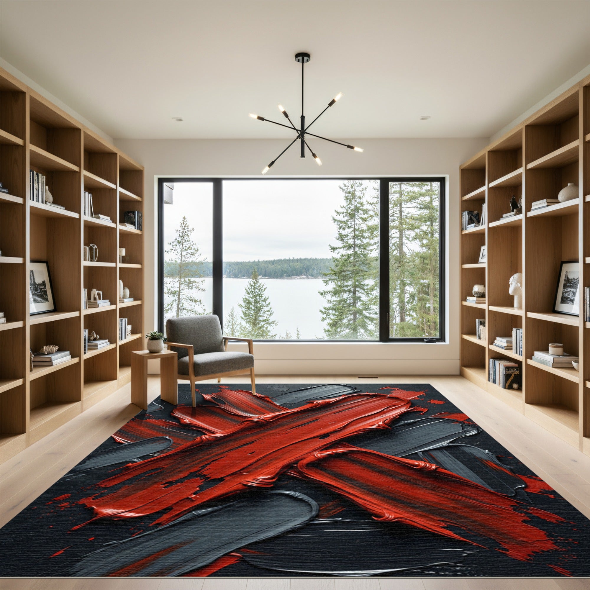 Bold Crimson Black Abstract Brushstroke Rug