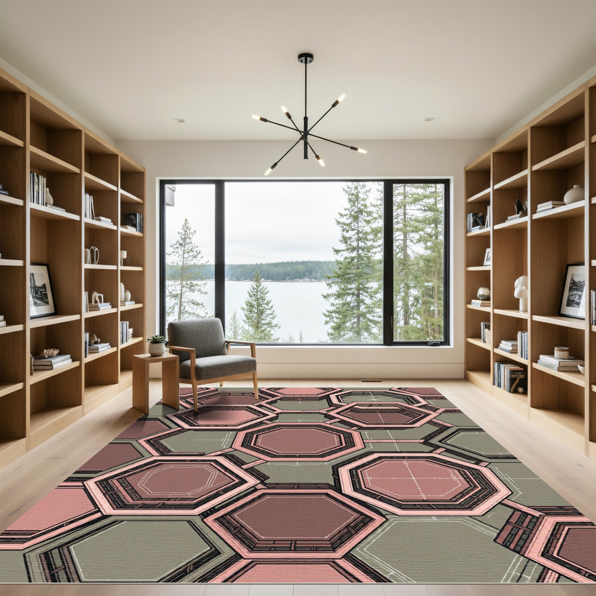Salmon Pink Geometric Octagon Weave Rug