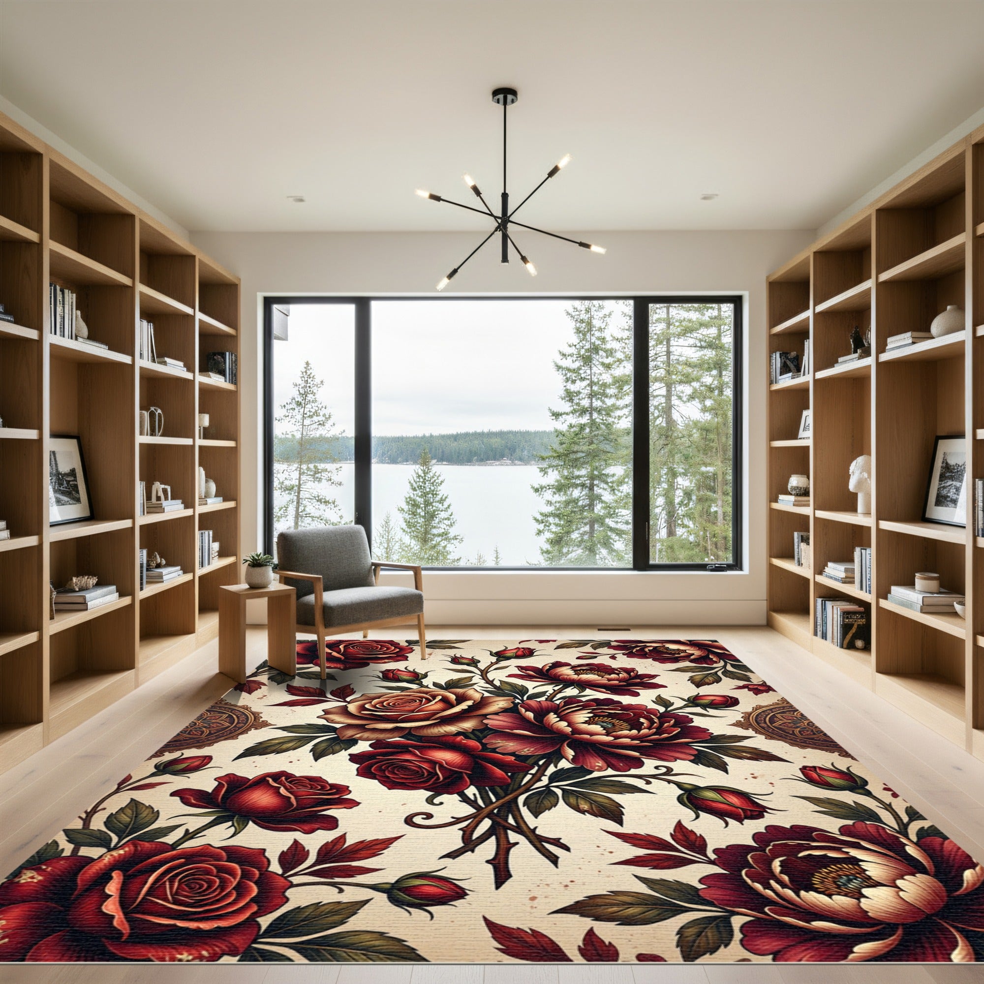 Rich Red Rose Floral Arrangement Rug