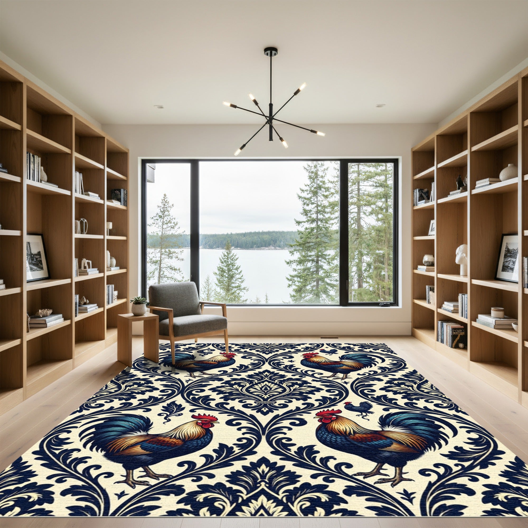 Navy Rooster Damask Cream Folk Art Rug