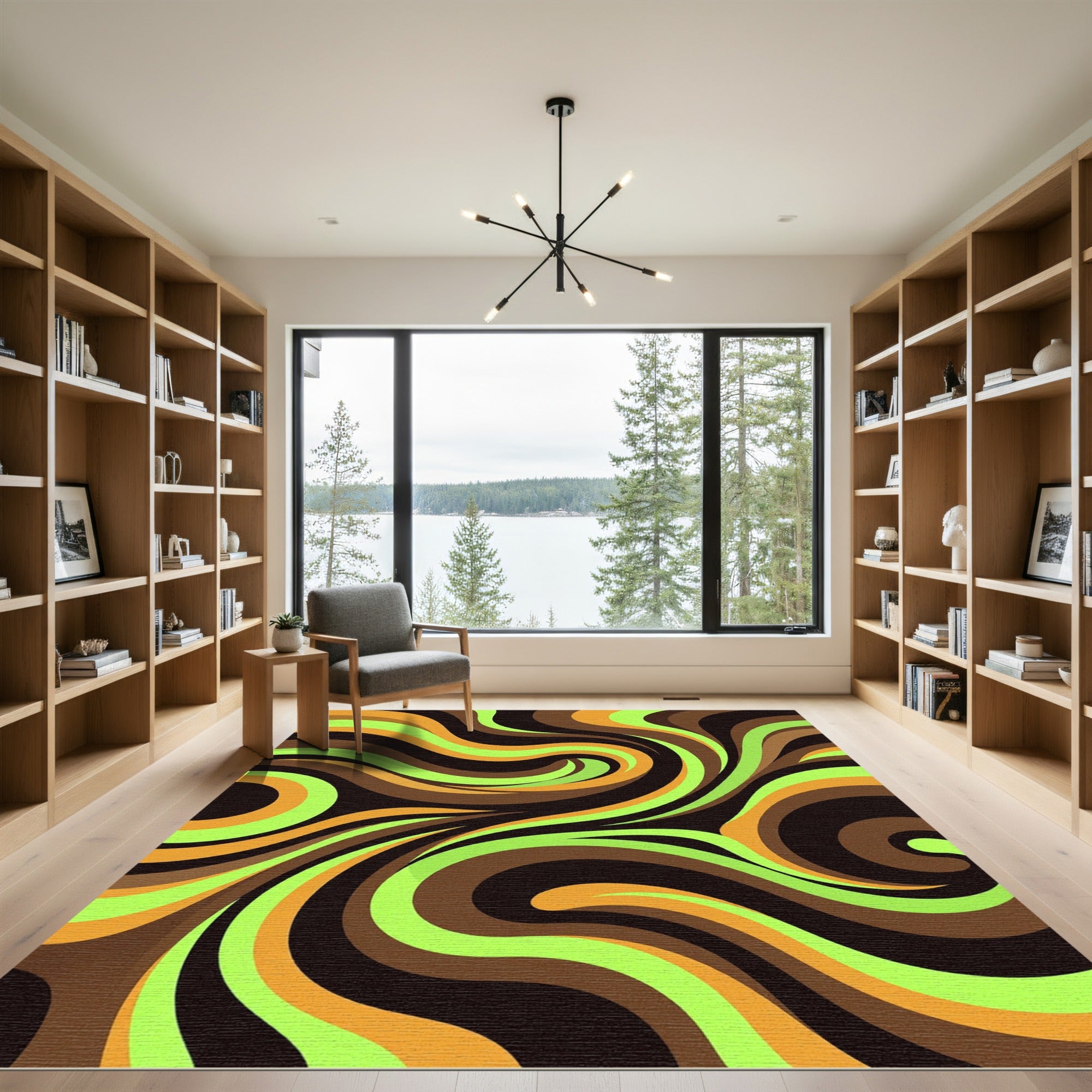 Vibrant Lime and Bronze Abstract Swirl Rug