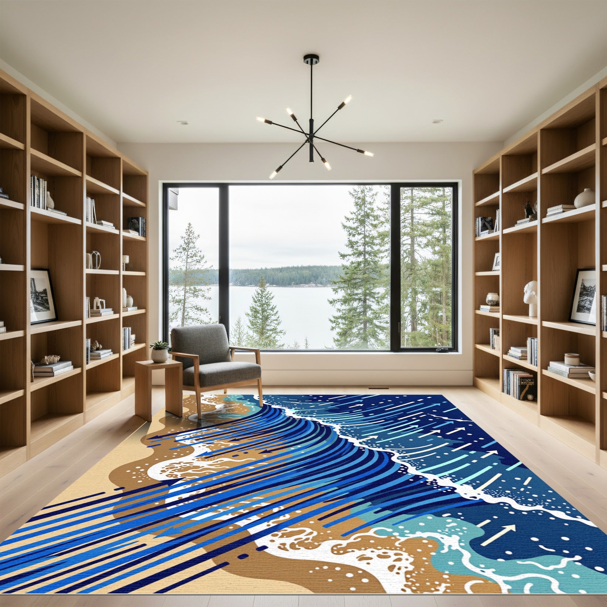 Abstract Oceanic Blue Wave Flow Rug
