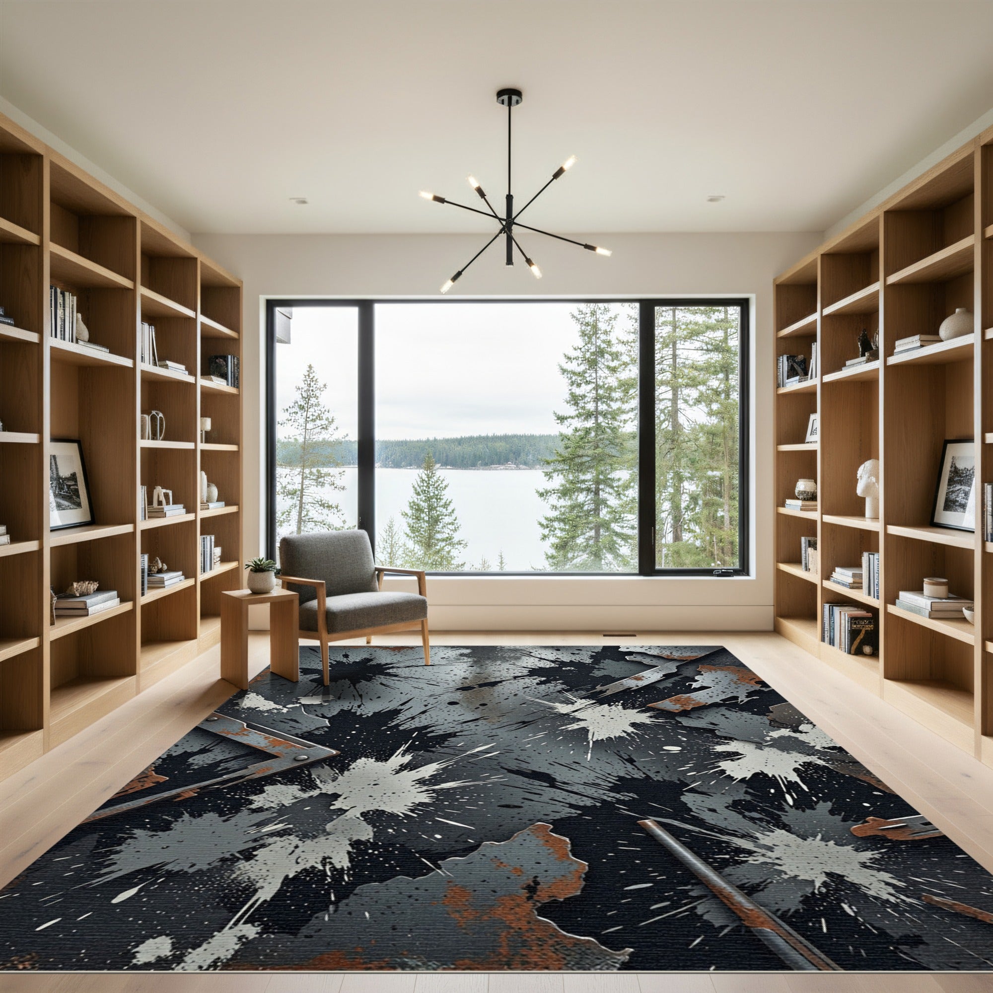 Industrial Grunge Metallic Black Splatter Rug