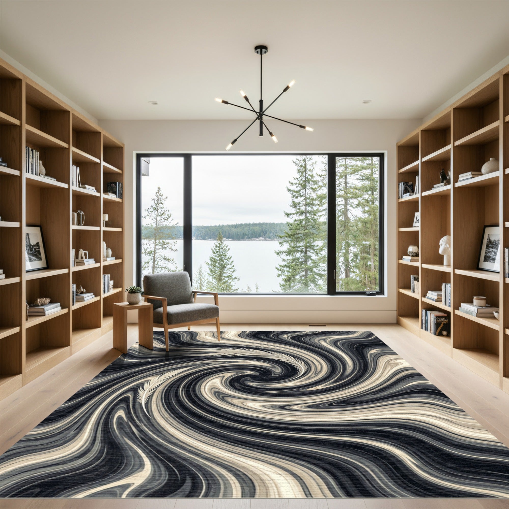 Monochrome Feathers in A Flowing Vortex Rug