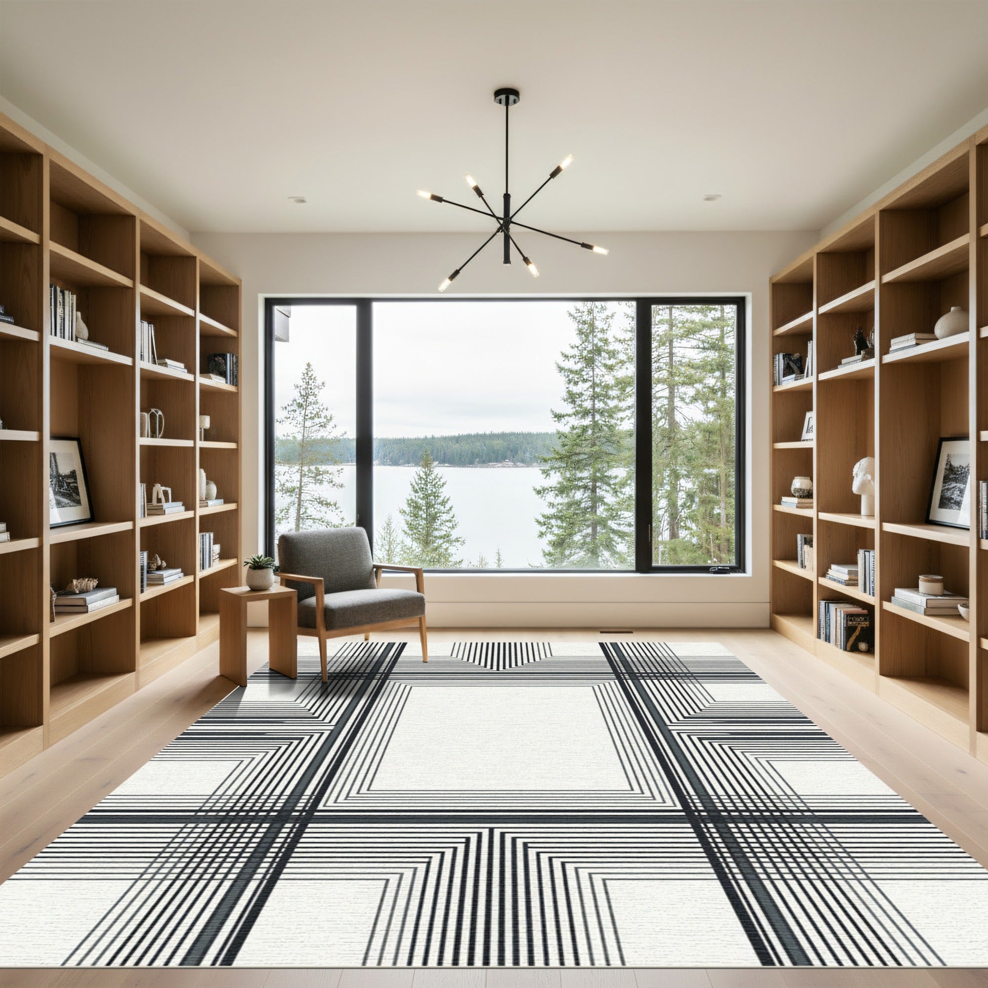 Monochrome Geometric Lines Composition Rug
