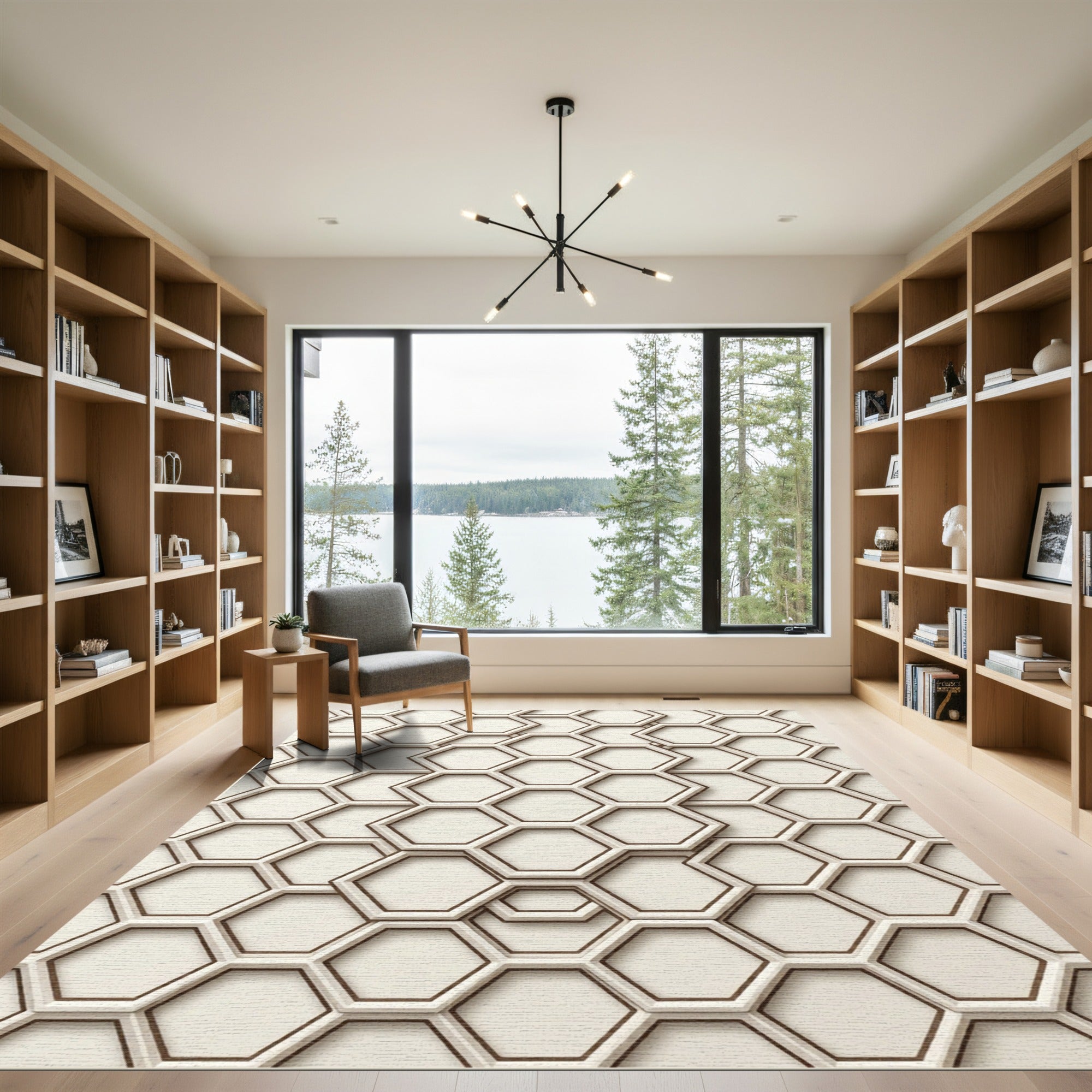 Sophisticated Cream Geometric Hexagon Tile Rug