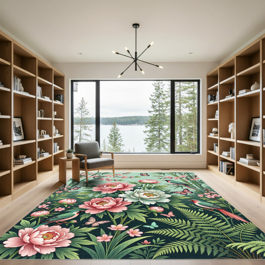 Pink Peony Blossom Birds Butterflies Bamboo Rug