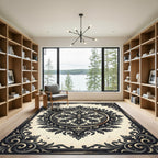 Classic Black Ivory Ornate Damask Medallion Rug