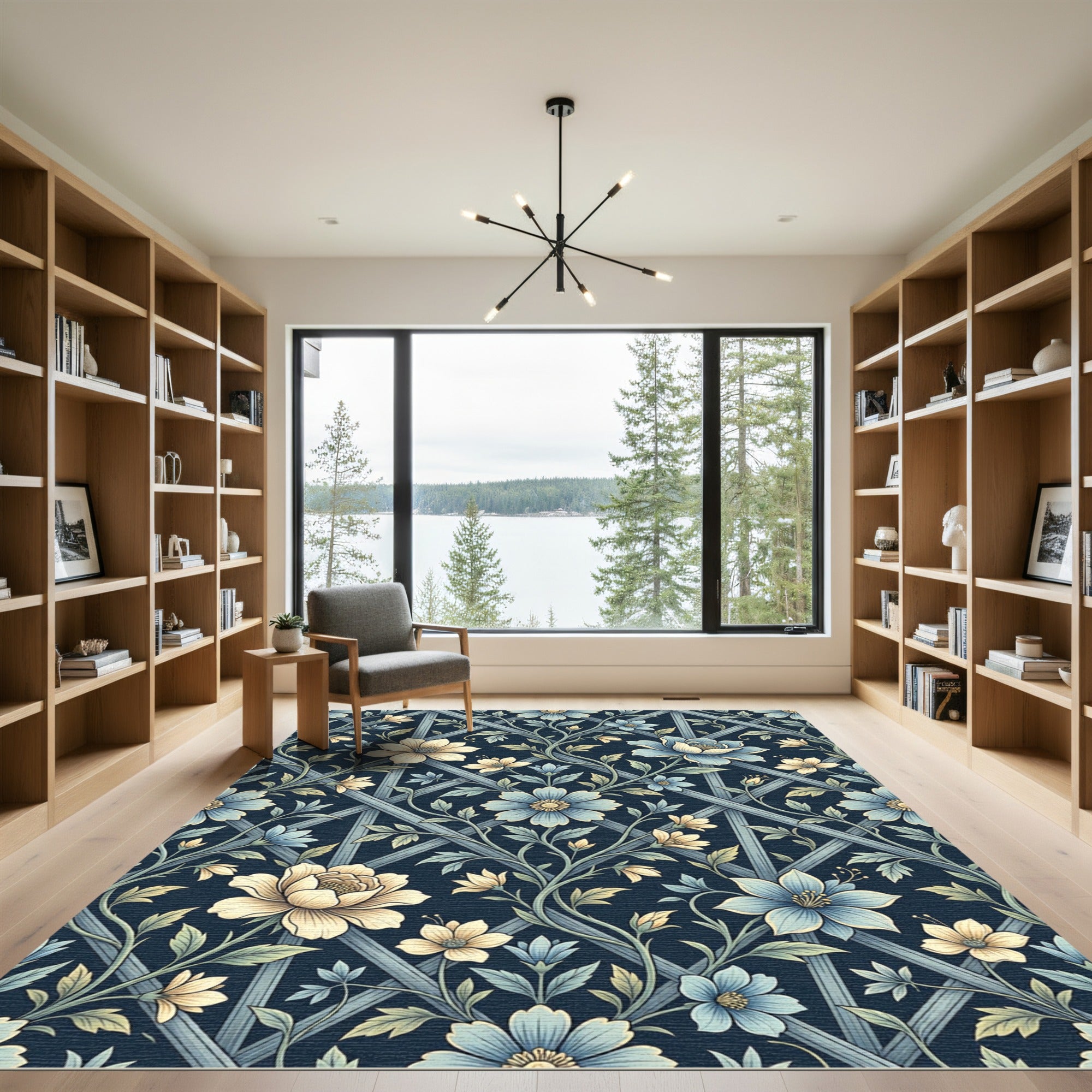 Elegant Blue Floral Lattice Trellis Rug