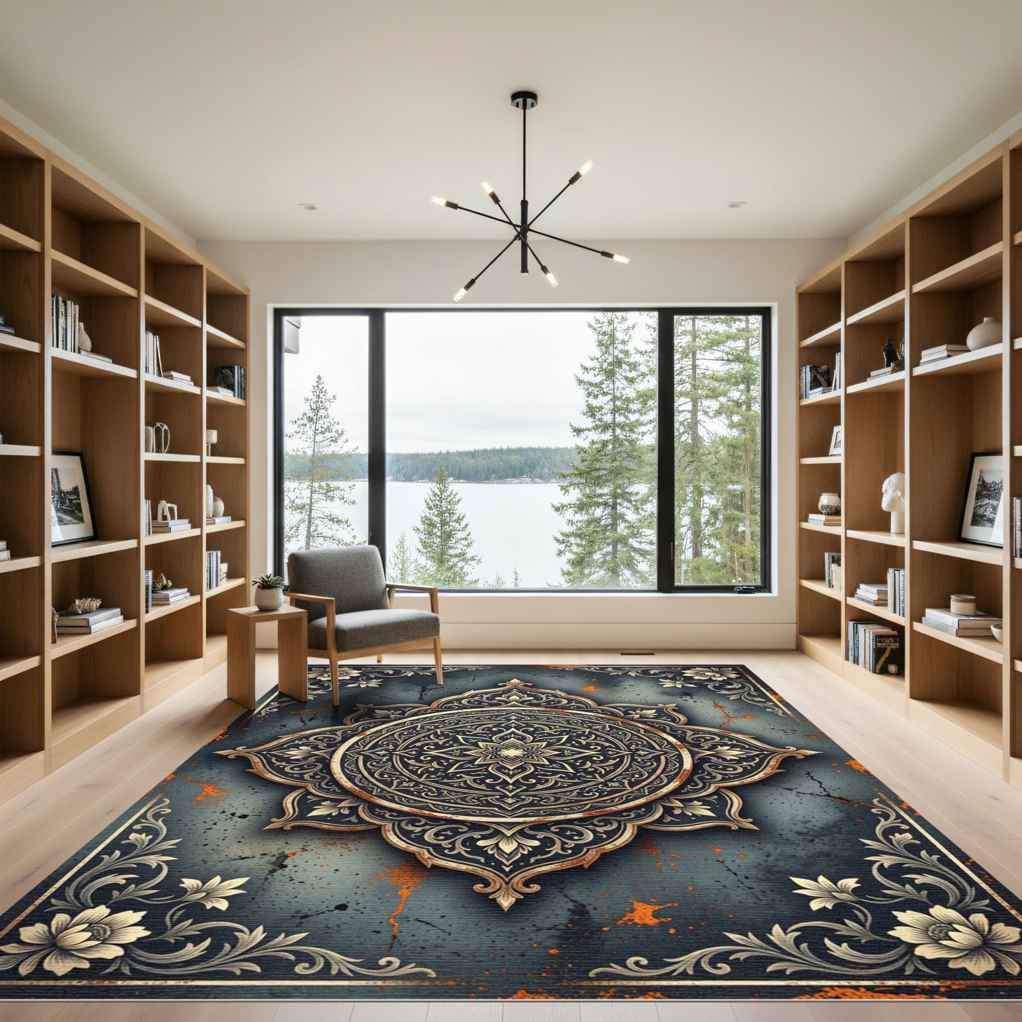 Golden Mandala Dark Slate Floral Medallion Rug