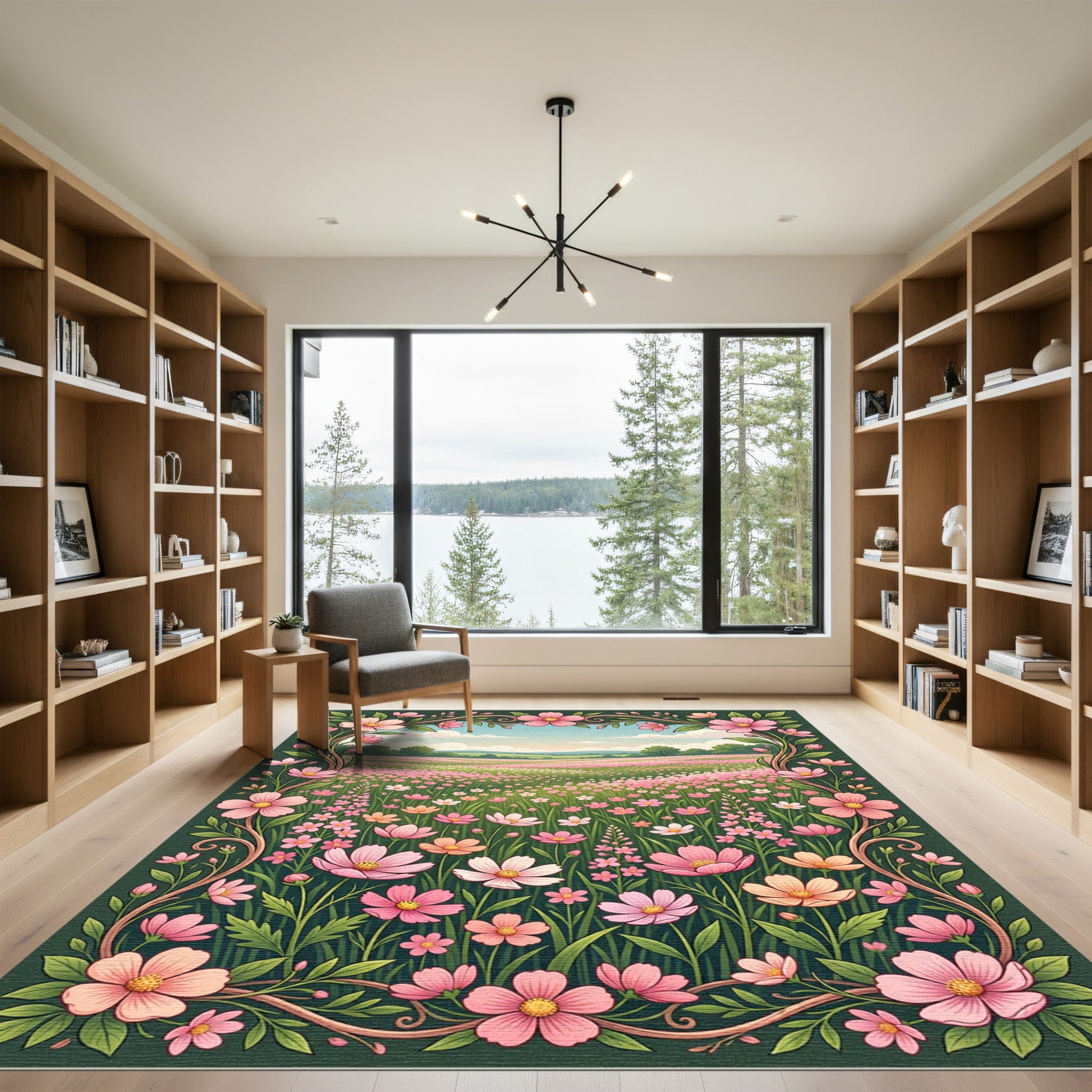 Whimsical Pink Floral Meadow Garden Rug