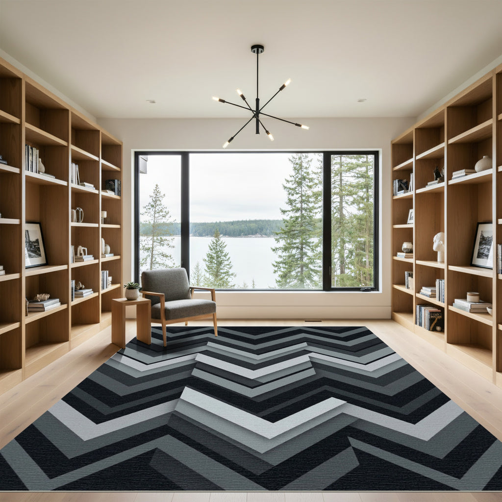 Modern Monochrome Layered Chevron Art Rug