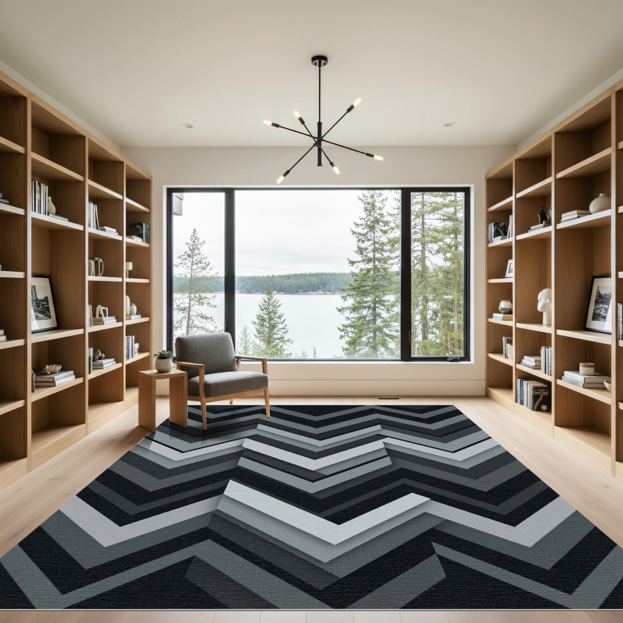 Modern Monochrome Layered Chevron Art Rug