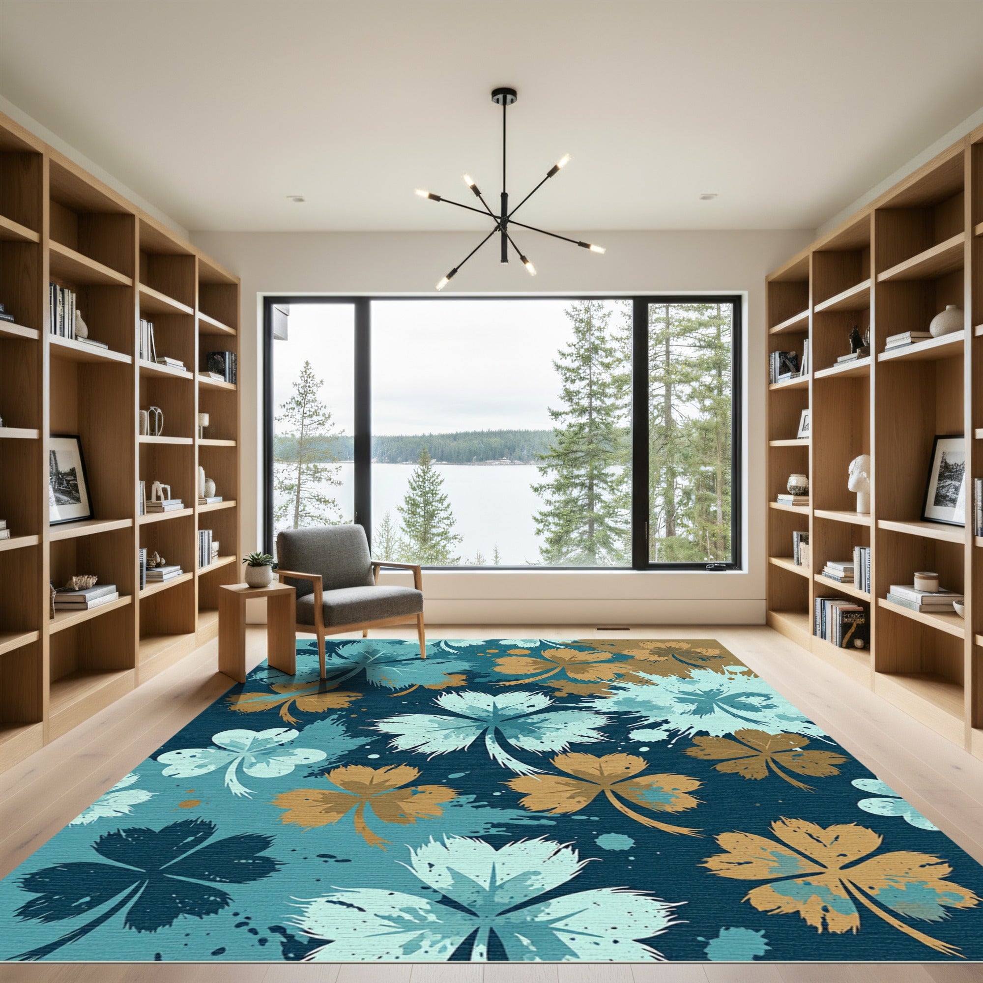 Aqua Gold Clover Splatter Cluster Rug