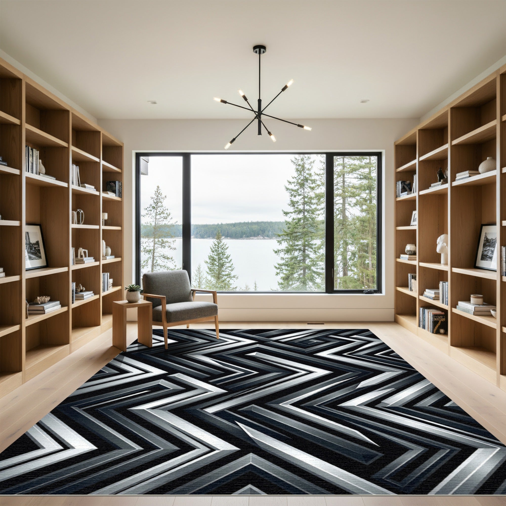 Metallic Silver Sharp Geometric Chevron Rug