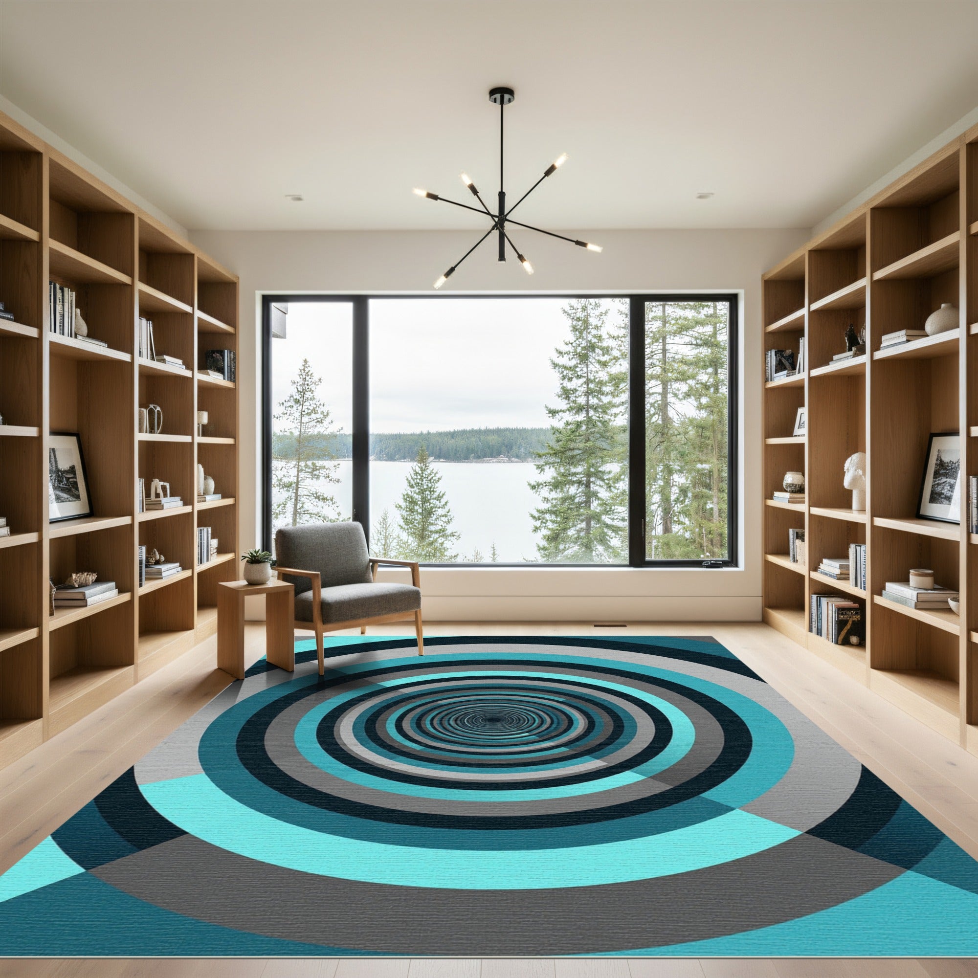 Abstract Teal Gray Concentric Tunnel Rug