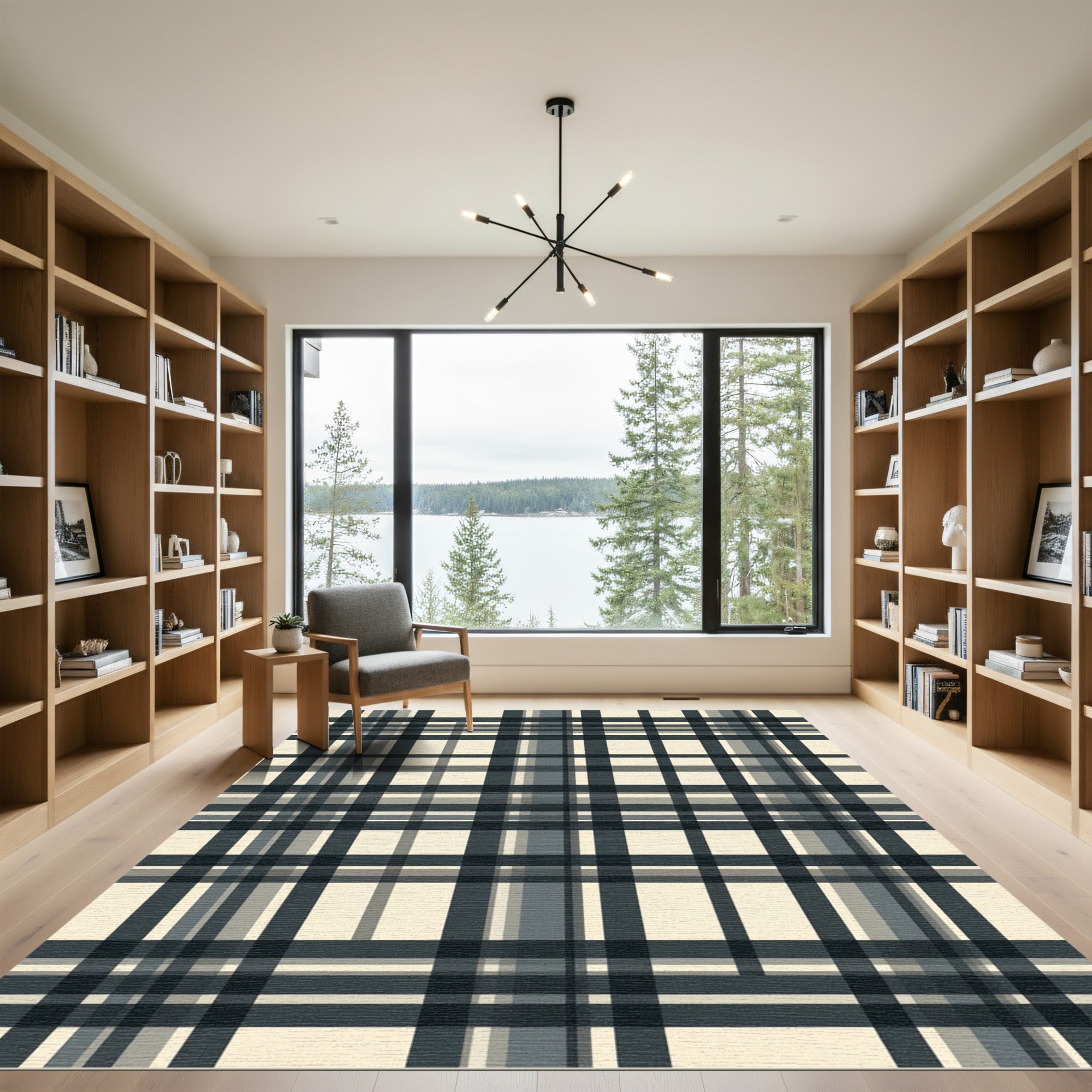 Classic Black White Plaid Tartan Rug