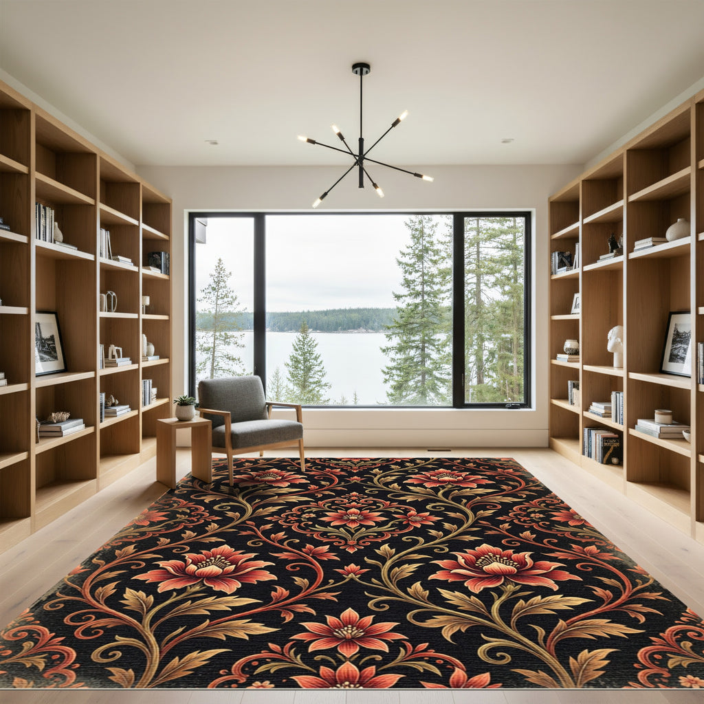 Ornate Crimson Floral Botanical Scroll Rug