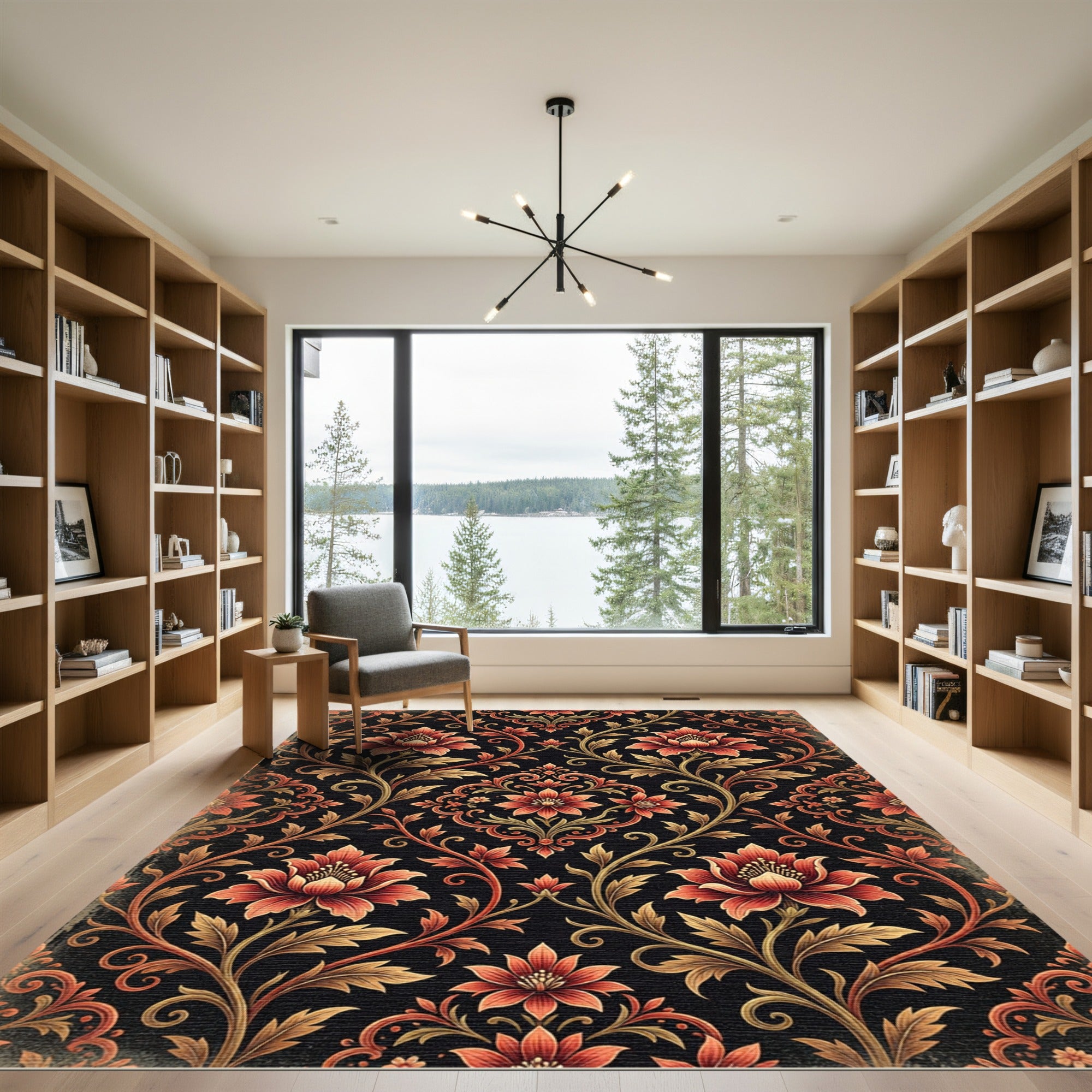 Ornate Crimson Floral Botanical Scroll Rug