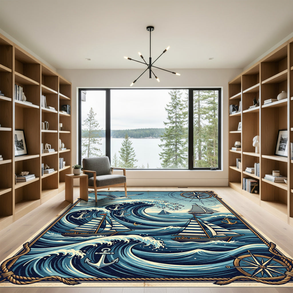 Nautical Compass Blue Wave Sailboat Art Rug