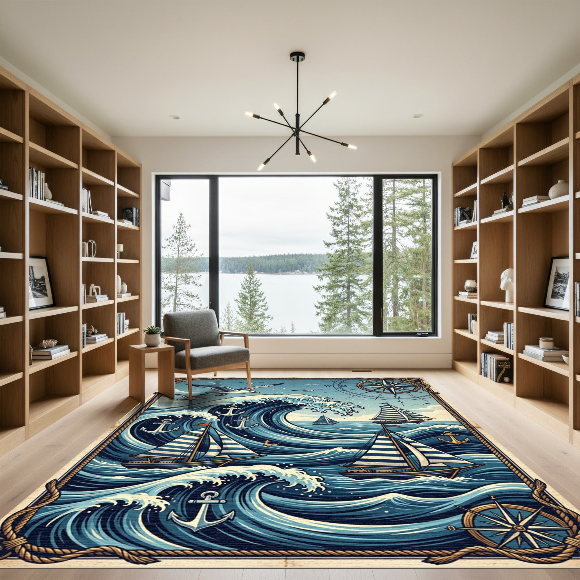 Nautical Compass Blue Wave Sailboat Art Rug