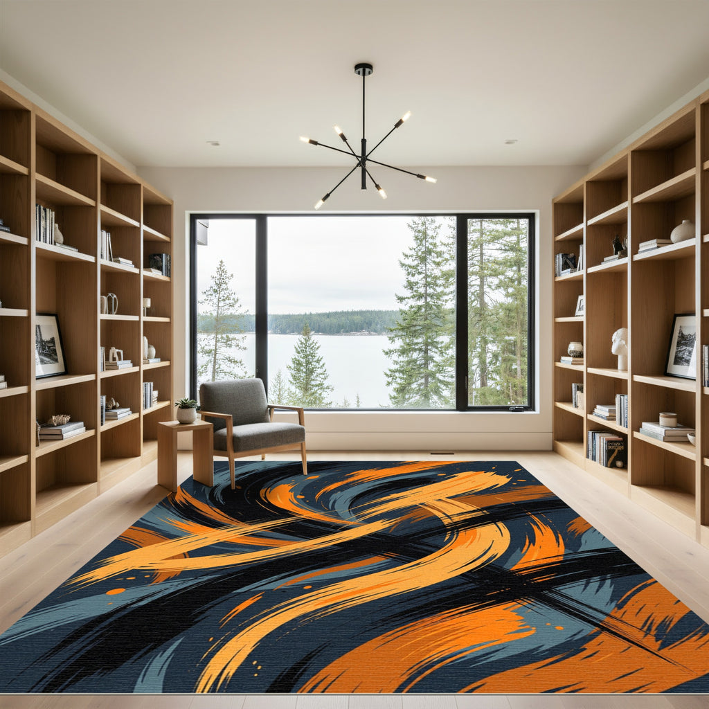 Modern Black and Orange Abstract Swirl Rug