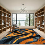 Modern Black and Orange Abstract Swirl Rug