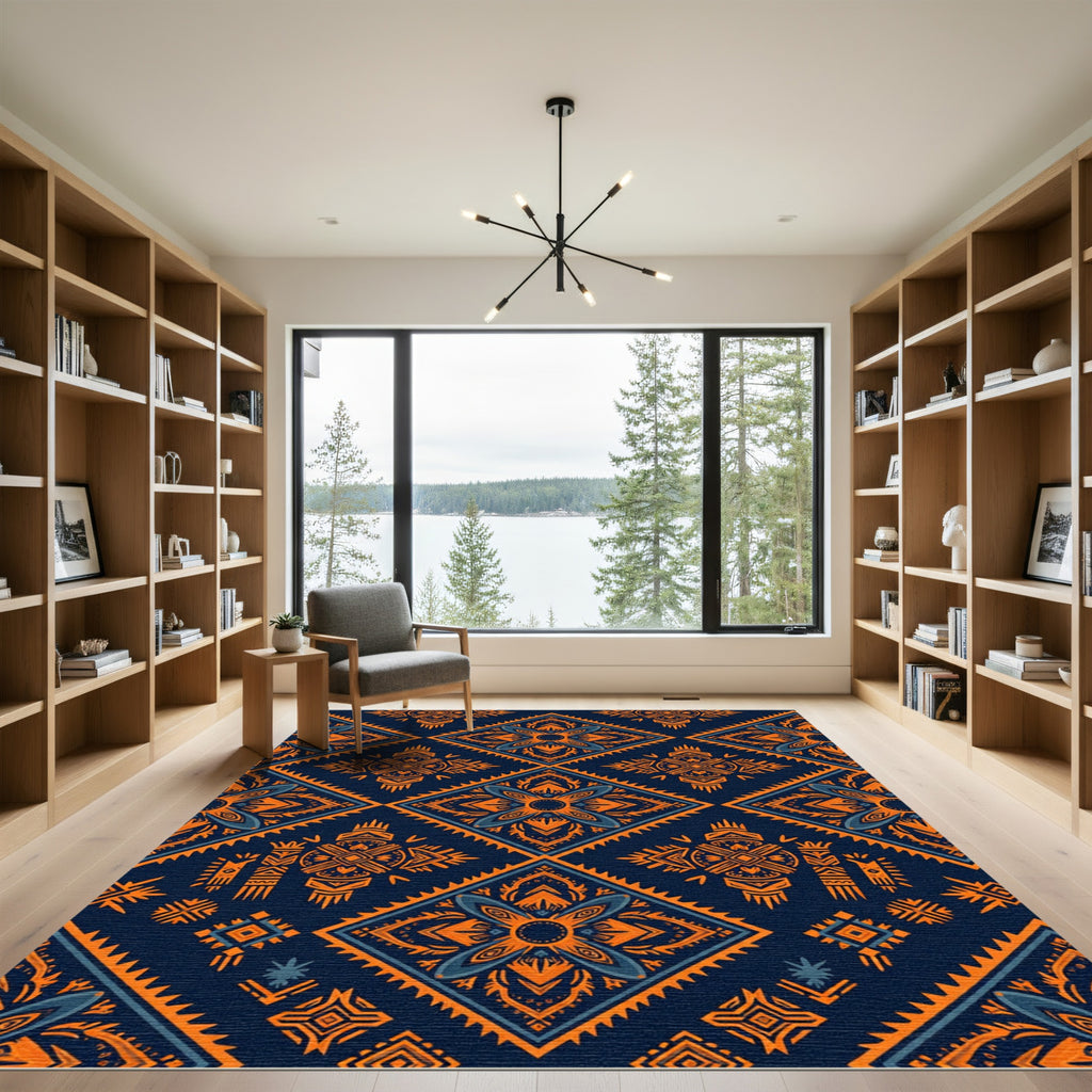 Bold Navy and Orange Geometric Boho Rug