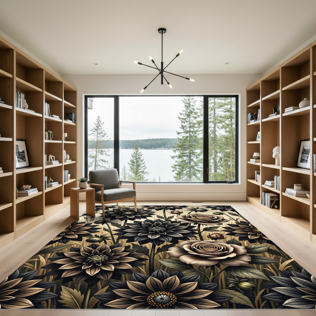 Dark Botanical Rose Dahlia Garden Rug