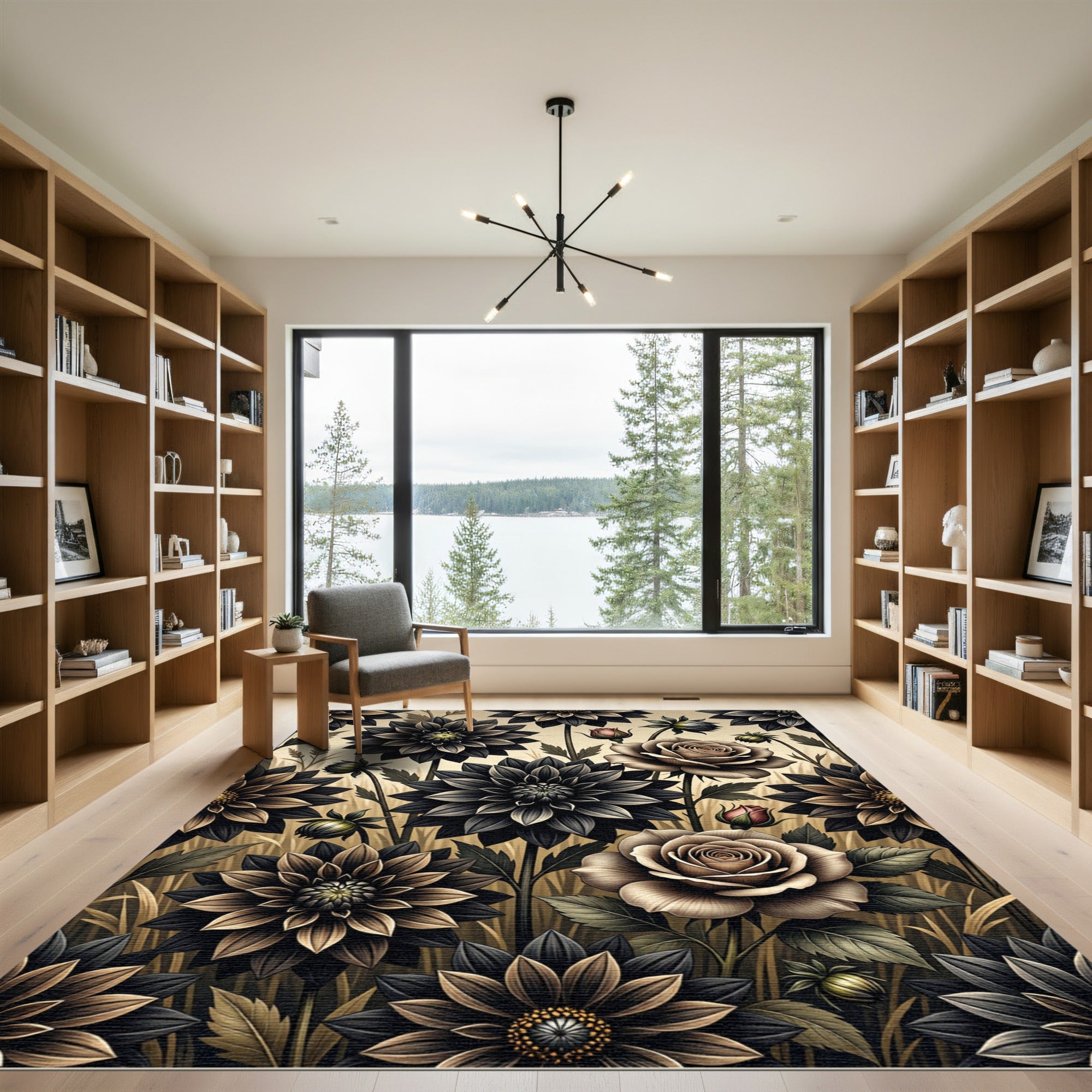 Dark Botanical Rose Dahlia Garden Rug