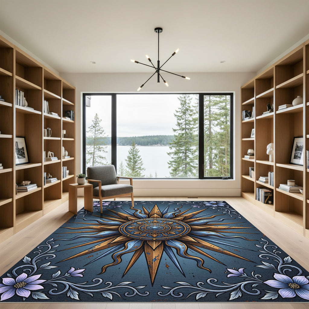 Gilded Celestial Sun Medallion Floral Rug