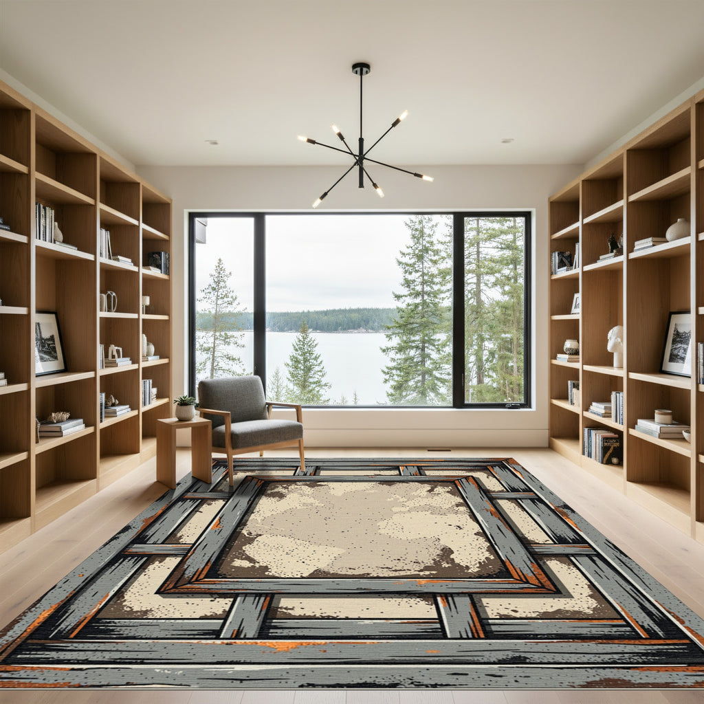 Rustic Wood Grain Stain Layered Rug