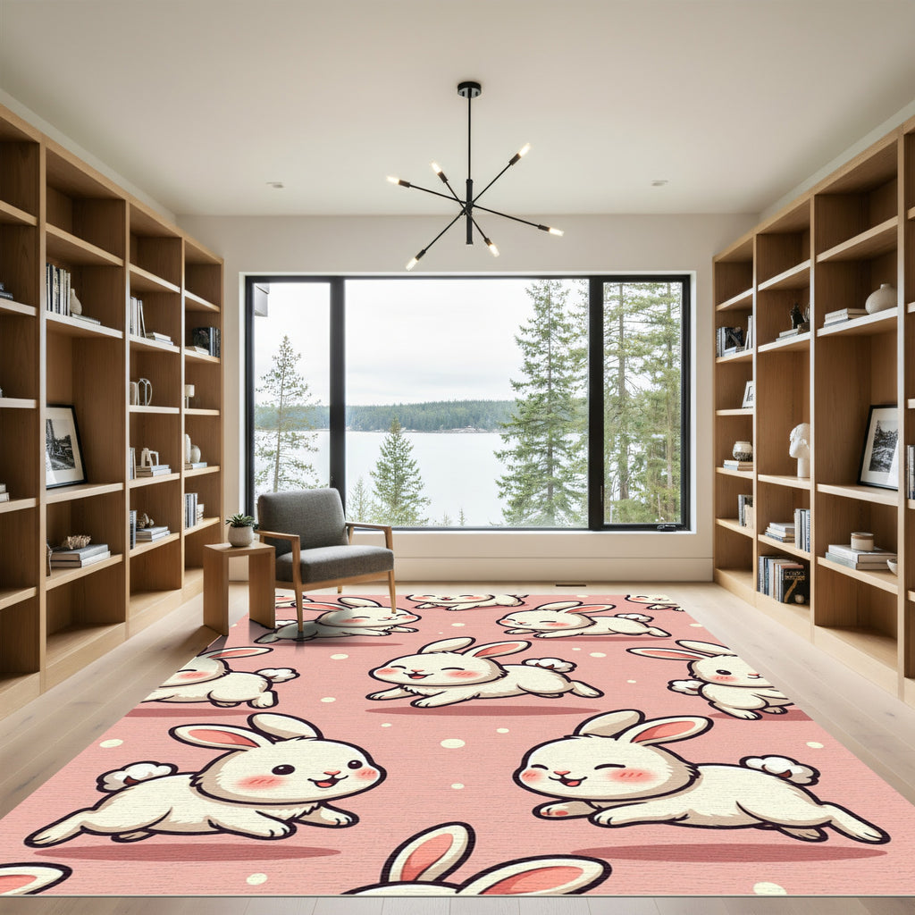 Cute Pink Bunny Rabbit Illustration Rug