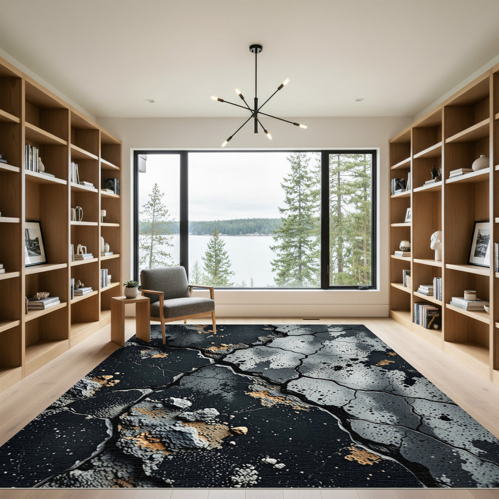 Cracked Gray Black Earth Splatter Rug