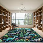 Whimsical Blue Dinosaur Lush Jungle Landscape Rug