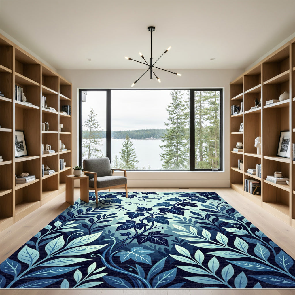 Deep Blue Leafy Vine Swirls Rug