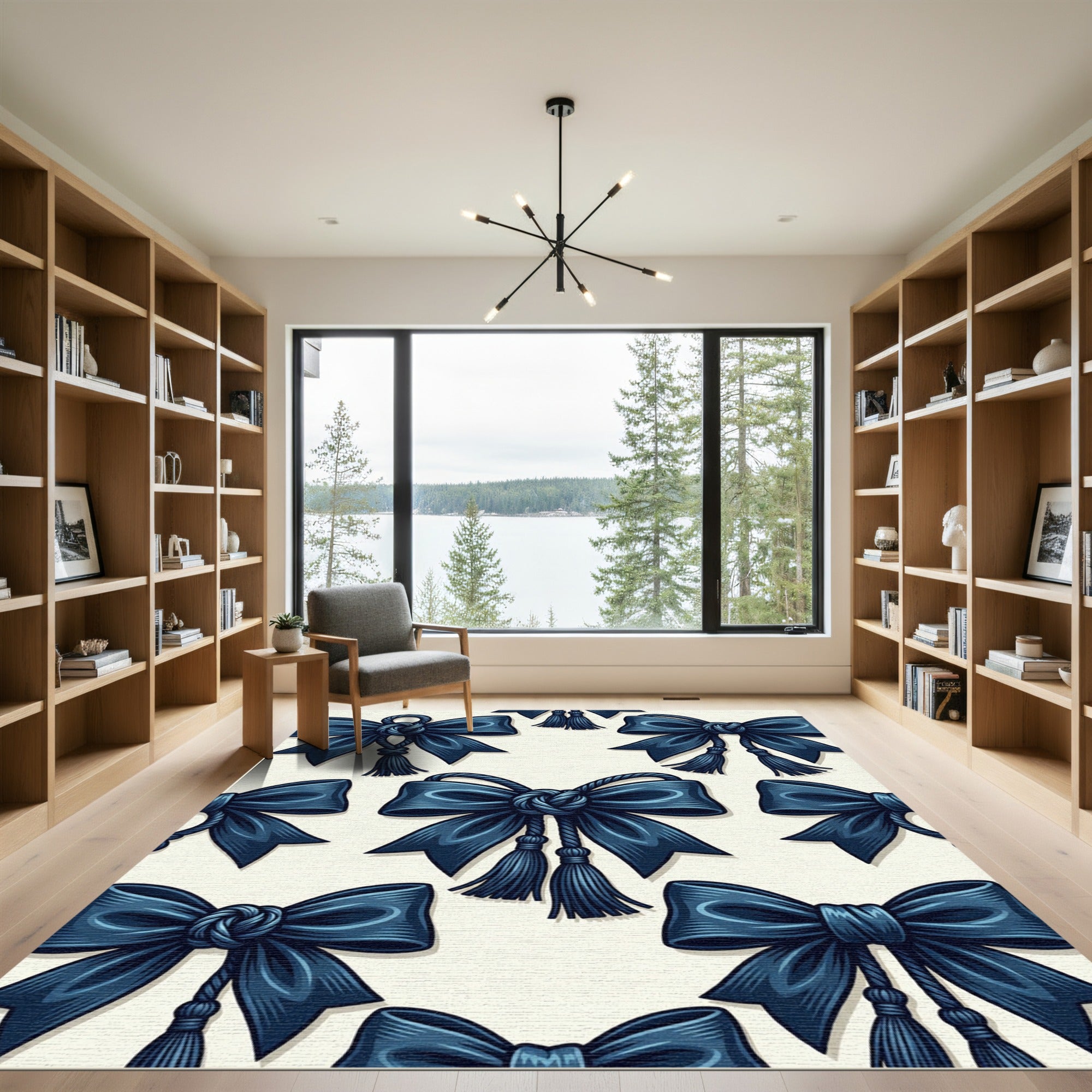 Elegant Navy Blue Tasseled Ribbon Knot Rug