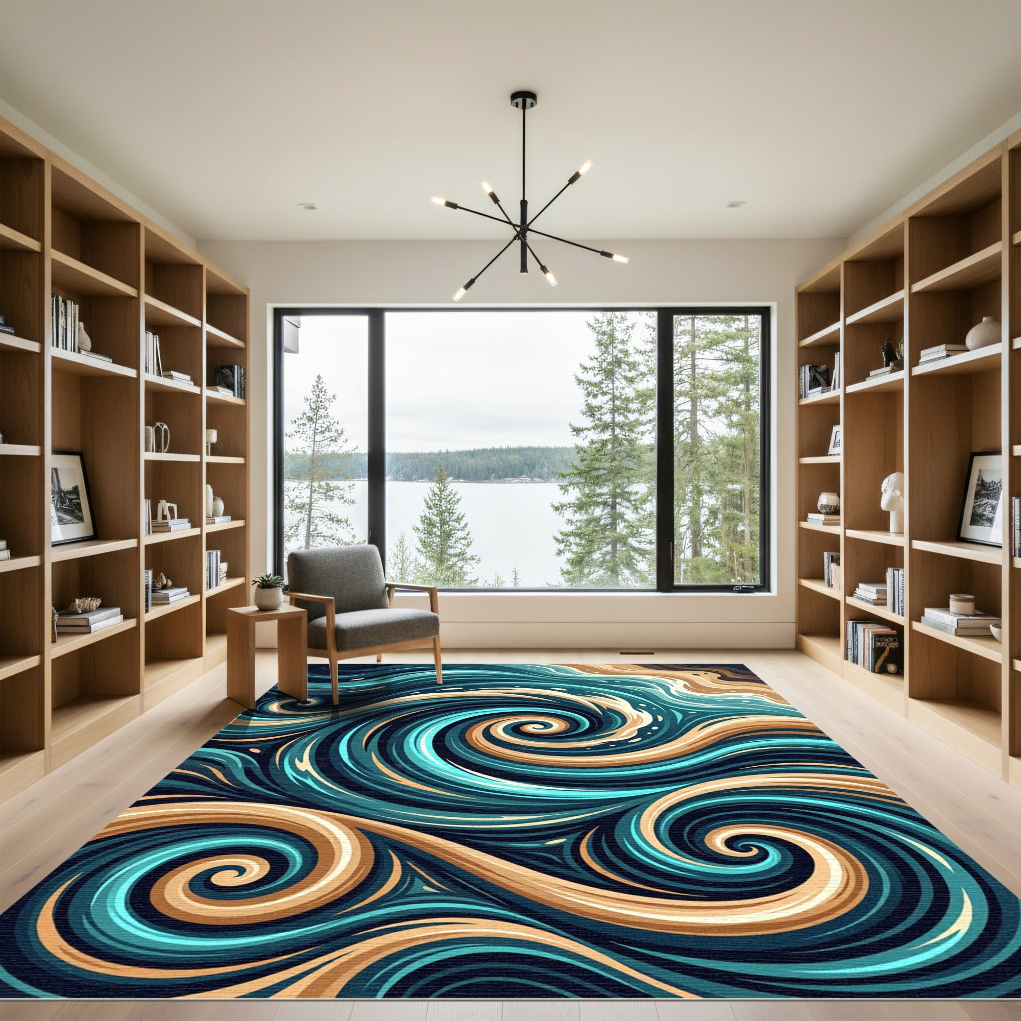 Earthy Teal Swirling Wave Abstract Rug
